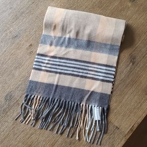 Beige grey plaid scarf with fringe